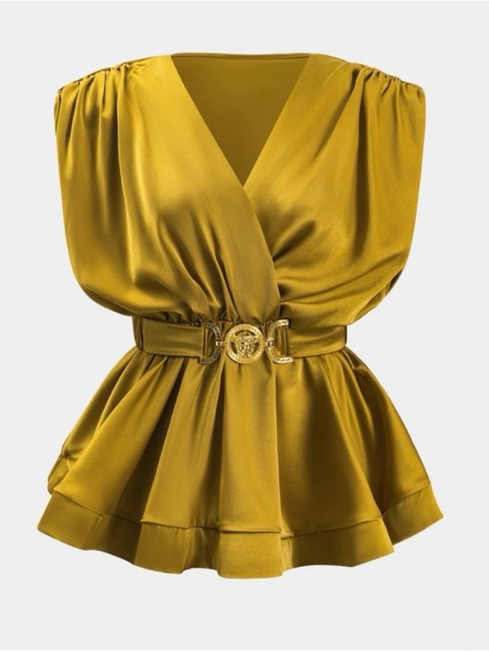 Satin Wrap Belted Peplum Blouse in Mustard